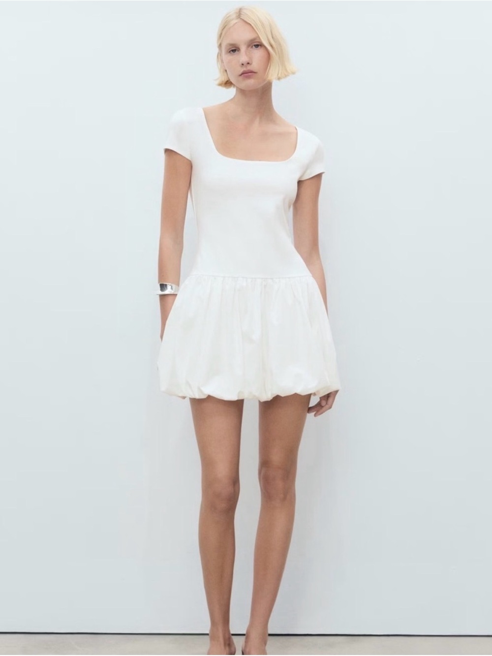 Mango White Bubble-Hem Mini Dress